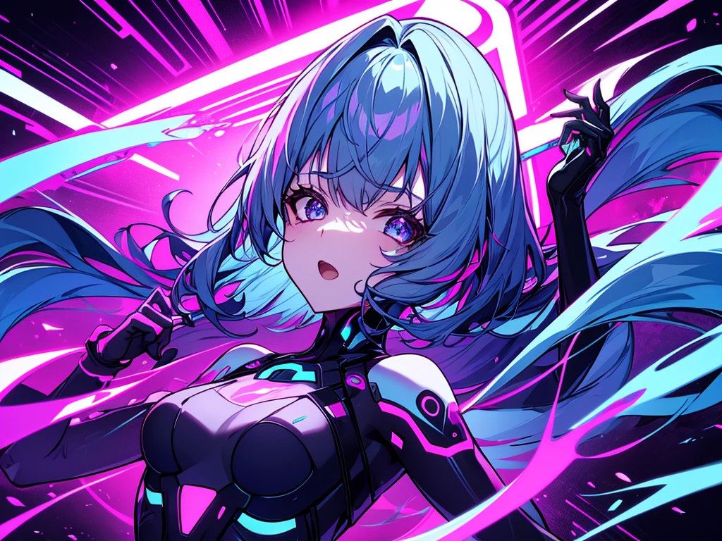 [(WHITE BACKGROUND:1.5),::5], ((((masterpiece)))), high quality, ultra very high resolution, full color, (((solo))), ((Mecha musume)), Mecha girl, ((Blue hair)), (Purple eyes), anime, upper body, neon light, cyborg body, (Purple neon effect:1.2)