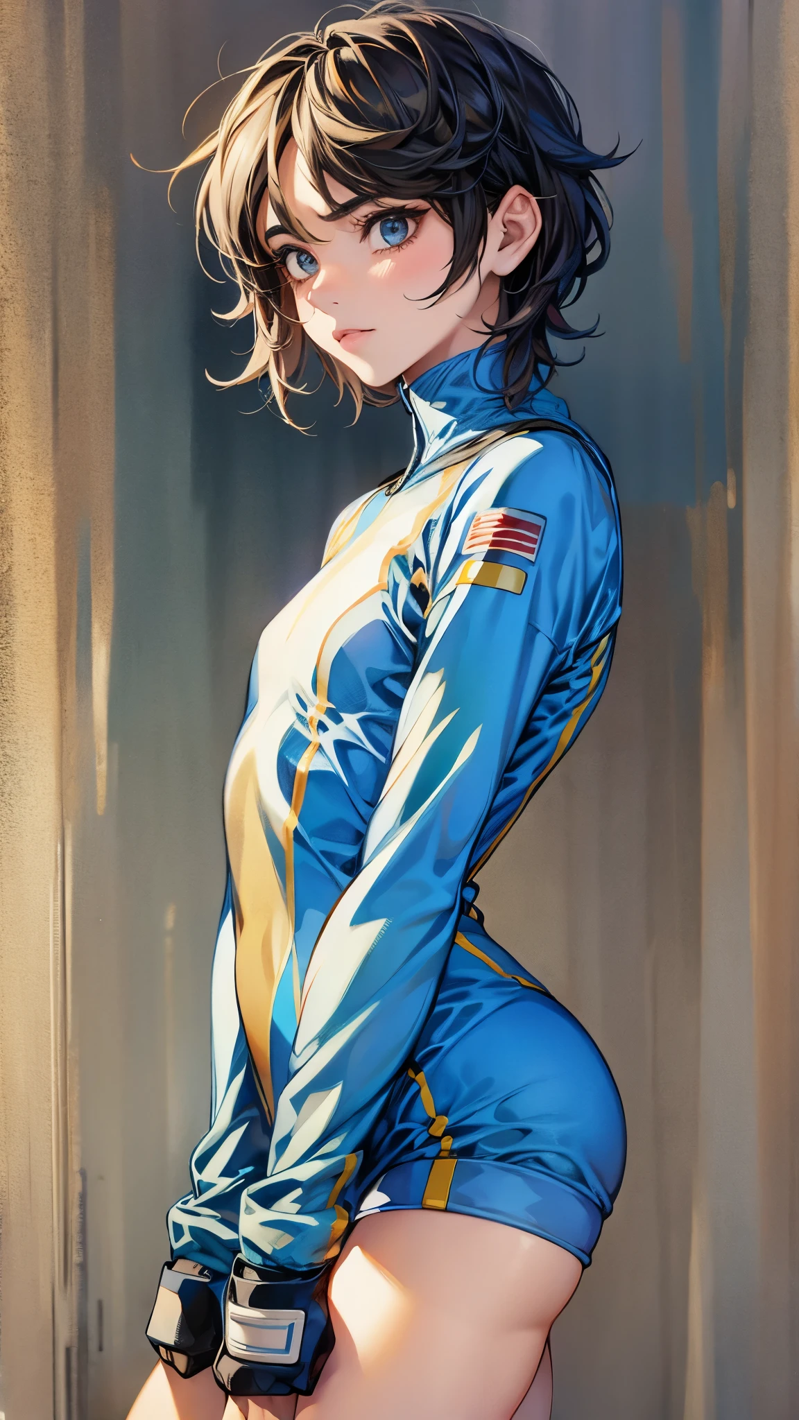 "(8k, 4k, best quality, highres, ultra high res:1.1), (masterpiece, realistic, photo-realistic:1.1), 1girl, Poppy Drayton as Kitty Pryde ((of the x-men)), wearing the yellow and blue onepiece superhero costume, in the city streets".