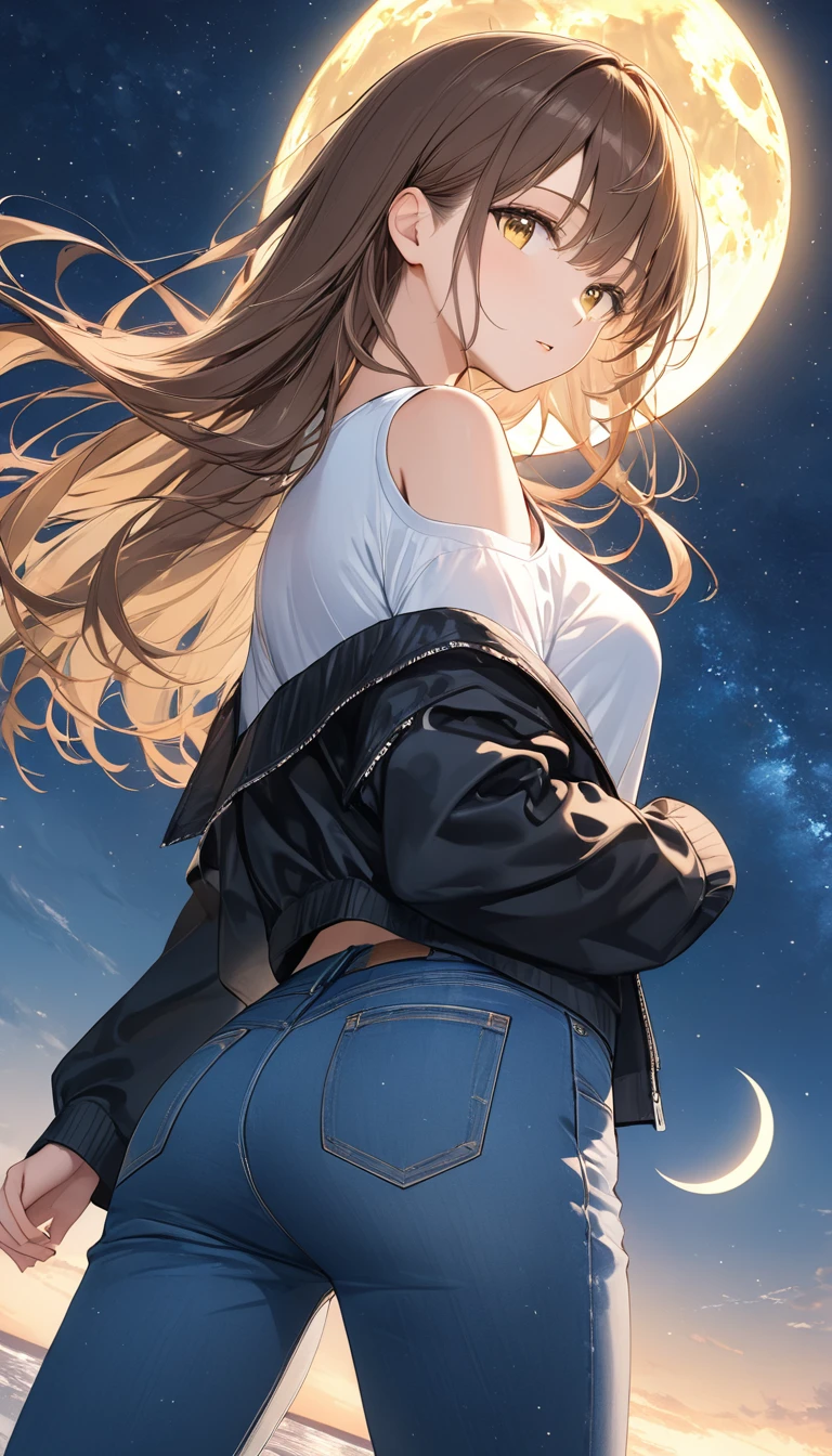 anime、((Amazingly absurd)),(masterpiece:1.2),超High resolution, Attention to detail, high quality, High resolution, 最high quality, 4K, 8k、Woman turning her back、Watching the moon、White shirt、Wear a black drop shoulder jacket、Wearing jeans、Brown Hair、Medium Long Hair、Shoulder length hair、Blowing in the Wind、Shining Moon、Shining yellow、Space Background、Far away