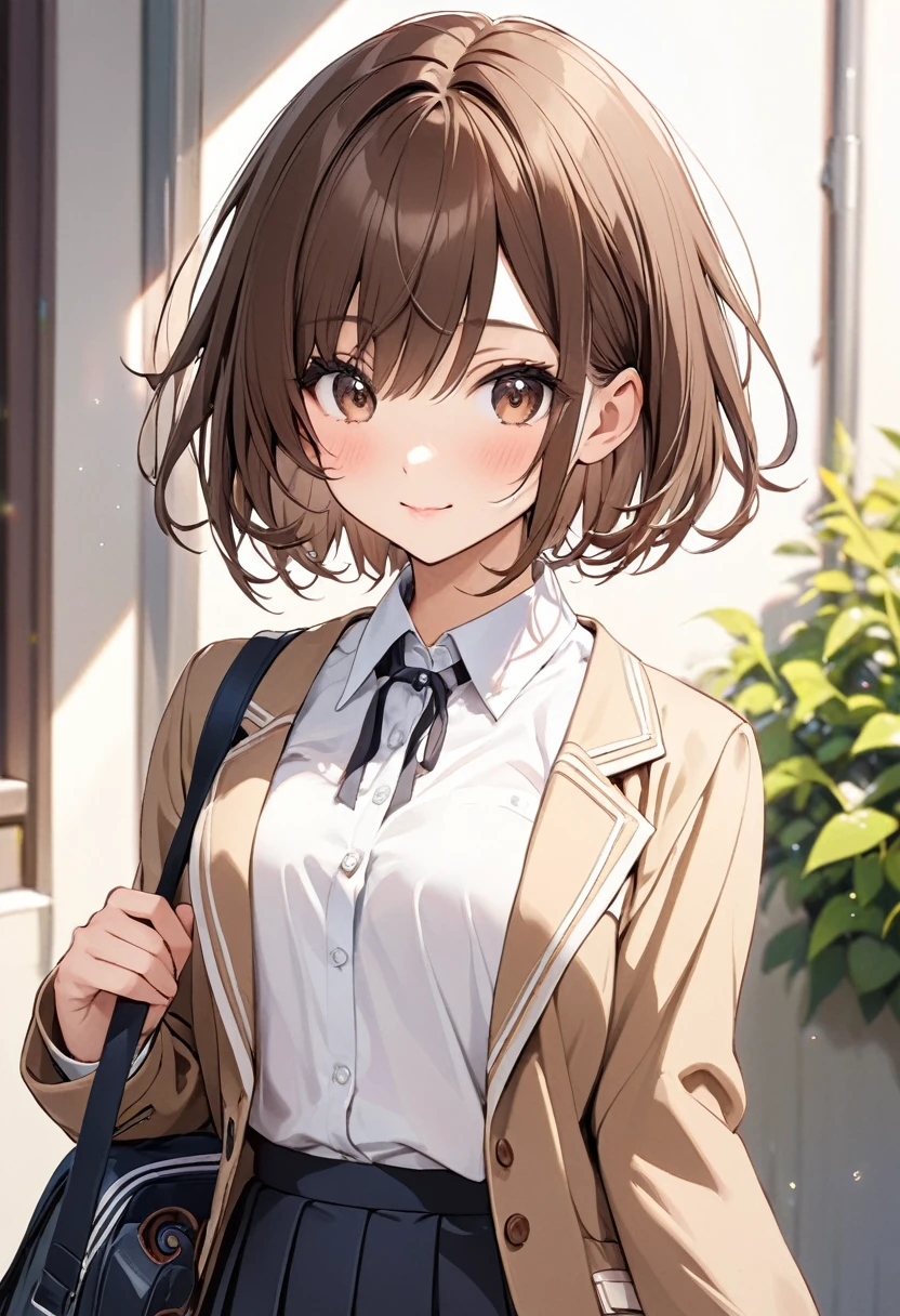 Beautiful girl, Very cute, Short Hair, Brown Hair, High school girl, Women&#39;s high school uniform, Mid-length pleated skirt, Cleavage, (Moderately large breasts, There is cleavage in the chest:1.2), Highly detailed face, Highly detailed eyes, Highly detailed nose, Highly detailed mouth, Fine and thin eyebrows, Highly detailed skin, Very dexterous fingers, Very fine thighs, Realistic Skin, Glowing Skin, Dramatic Shadows, Fascinating lighting that exaggerates the subject, （Dynamic wide shot from below：1.2）, A fearless smile, Sexy dominant pose, Lift up your skirt with your own hands, Realistic and accurate movements, Use all the effects to captivate your audience