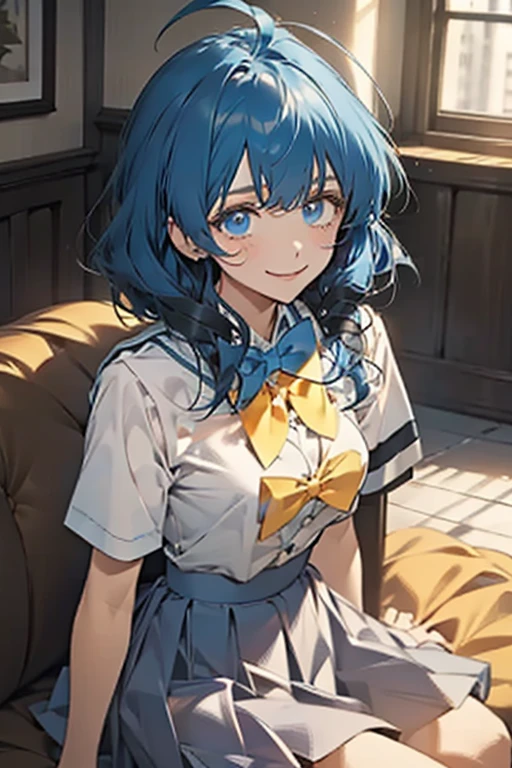 score_9, score_8_up, score_7_up, source_anime, anna yanami, medium hair, blue eyes, ahoge, blue hair, skirt, shirt, bow, school uniform, white shirt, short sleeves, pleated skirt, bowtie, yellow bow, grey skirt, yellow bowtie, blue bow, blue bowtie,, indoors, smile, looking at viewer, solo, sitting, head rest,, cowboy shot, dutch angle
