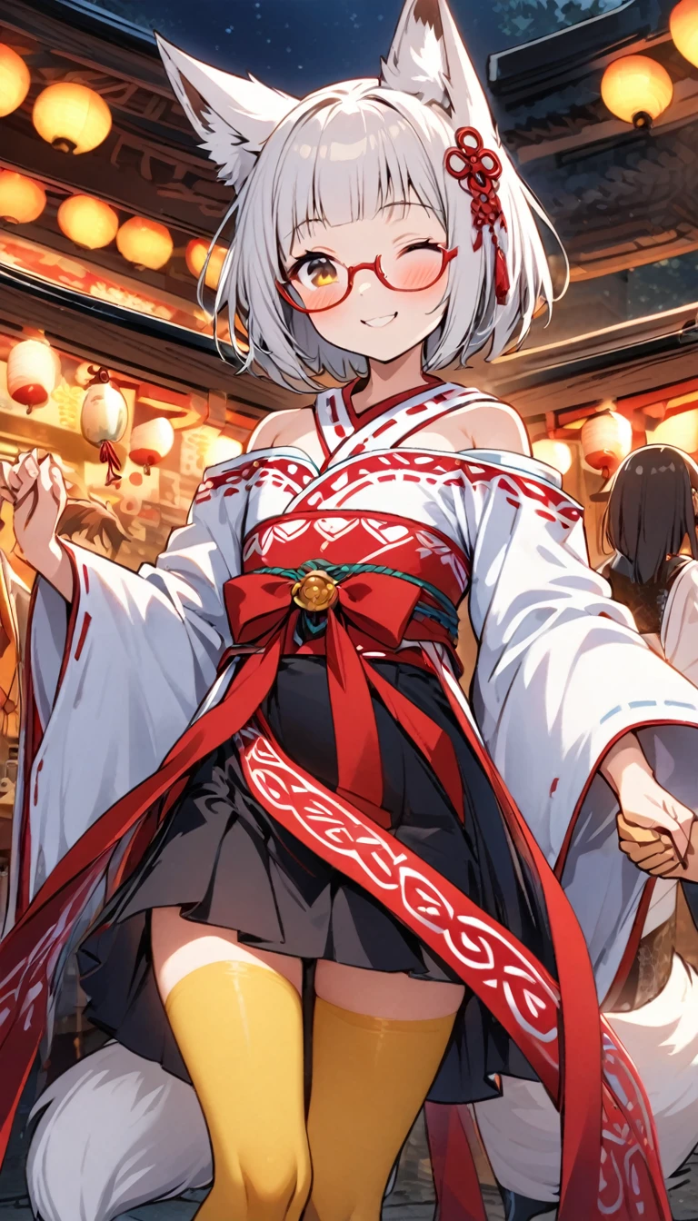 White fox girl,Quiet personality,One Girl,thin body type,Flat Chest,Vermilion and madder colored odd eyes,Red-rimmed glasses,Droopy eyes,Happy smile,fun,Short Hair,Bobcut,Red Mesh,fox ears,Shrine maiden costume,Short black skirt,Fox Tail,1 bottle,Deep golden yellow tights,Focus on men,,night,stall,Holding hands with a big man