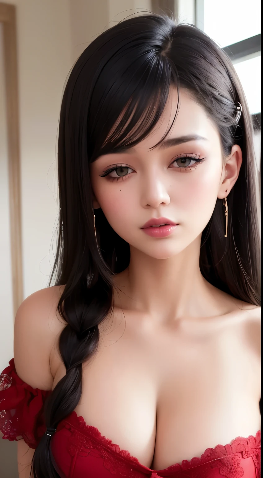 photorealistic Realism 16K Quality: (ultra absurd quality, extremely detailed detail, ultra resolution, clear sharp focus, not blurry, (Realistic black_eyes:1.3))), perfect dark_eyeshadows:1.2, super Detailed, beautiful little nose, ((V-line jaw)), pink_lipstick:1.3, (Hyper detailed eyelashes), ((perfect dark_eyeshadows:1.25)), (Detailed nose:1.2), (perfect composition), pale skin, (dry skin), 16K resolution, intricate, elegant, highly detailed, The attention to detail, Double eyelids, Wear an off-the-shoulder top, full bodyesbian, (((light dark short ((side swept bangs)), extremely detailed))), (black lacy:1.33), ((in kneeling position:1.3)), ((leaning forward)), (((hair covers the pubic area))), (Erotic:1.5), (sharp focus), (((turn back, back shot:1.3))), ((from below:1.3)), (looking at viewer), hyper realistic, 8k, vibrant colors, sharp crisp image