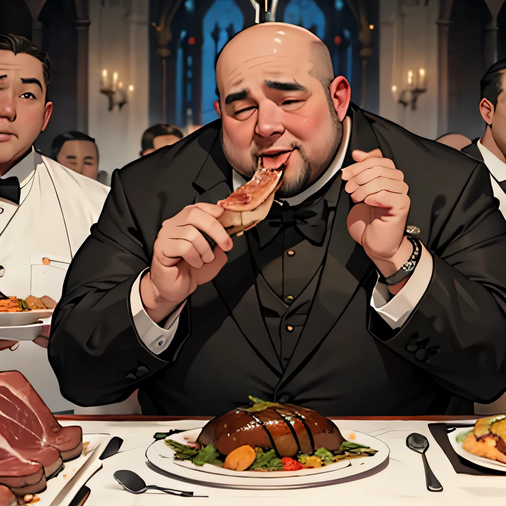 A Banquet for the Lowly Aristocrats、Tuxedo、Ugly fat men。Bald、Eating meat with orgasm face、Eat a big chunk of meat。Very fat and ugly men、Mean and fat.、Greedy。Church Dinner Background