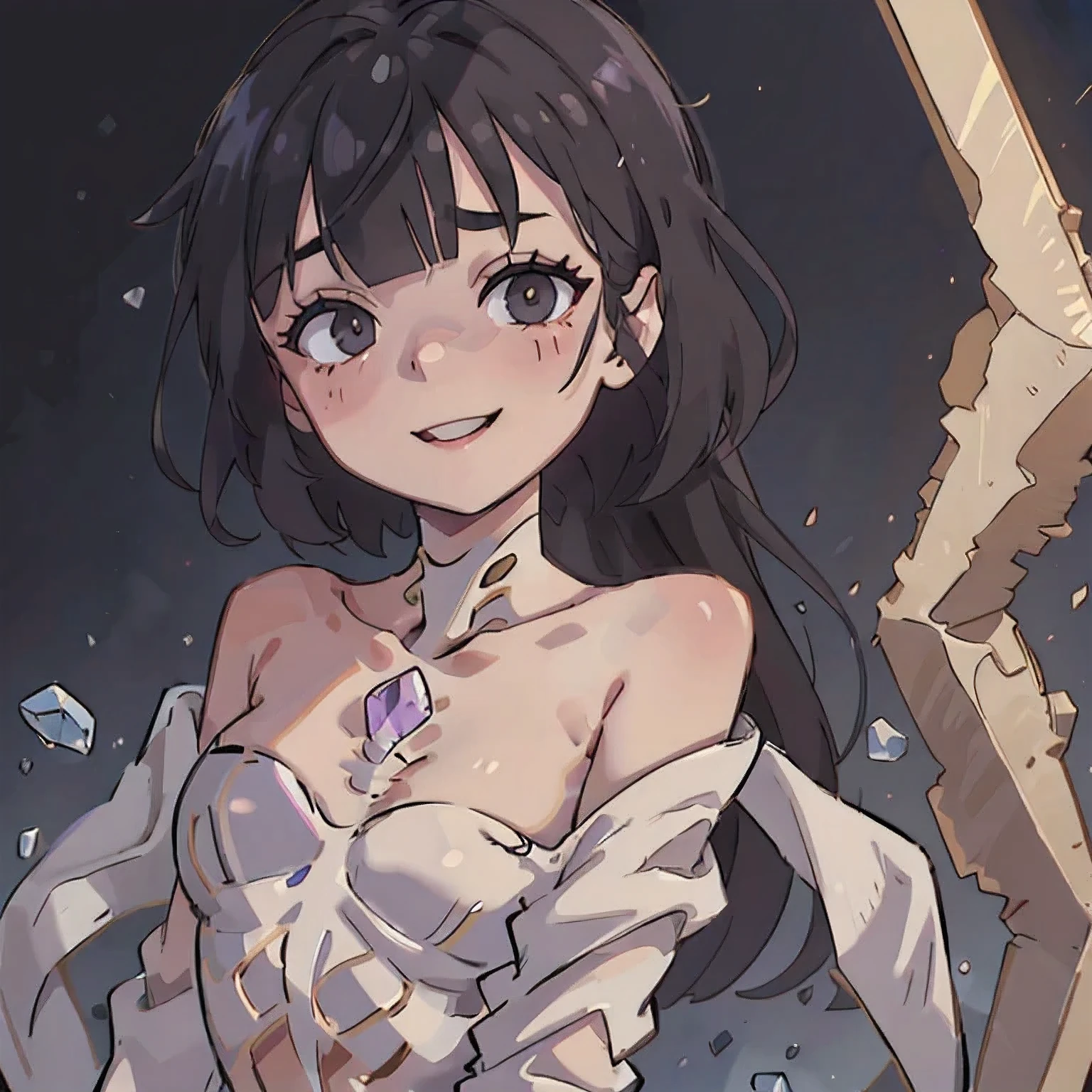 Panorama ultra-wide angle,extremely happy,The texture of the real person is delicate,Strong visual impact,Hyper-detailing,Dream crystal skeleton,Refined face,prettyeyes,high saturated,Wear reflective sunglasses with a thick gold thread,crystal-clear,Good sense of perspective,Light and shadow effects,16K smooth,The surface is not well lit,Fluttering black hair crystal skeleton,((Side close-up of Crystal skeleton))