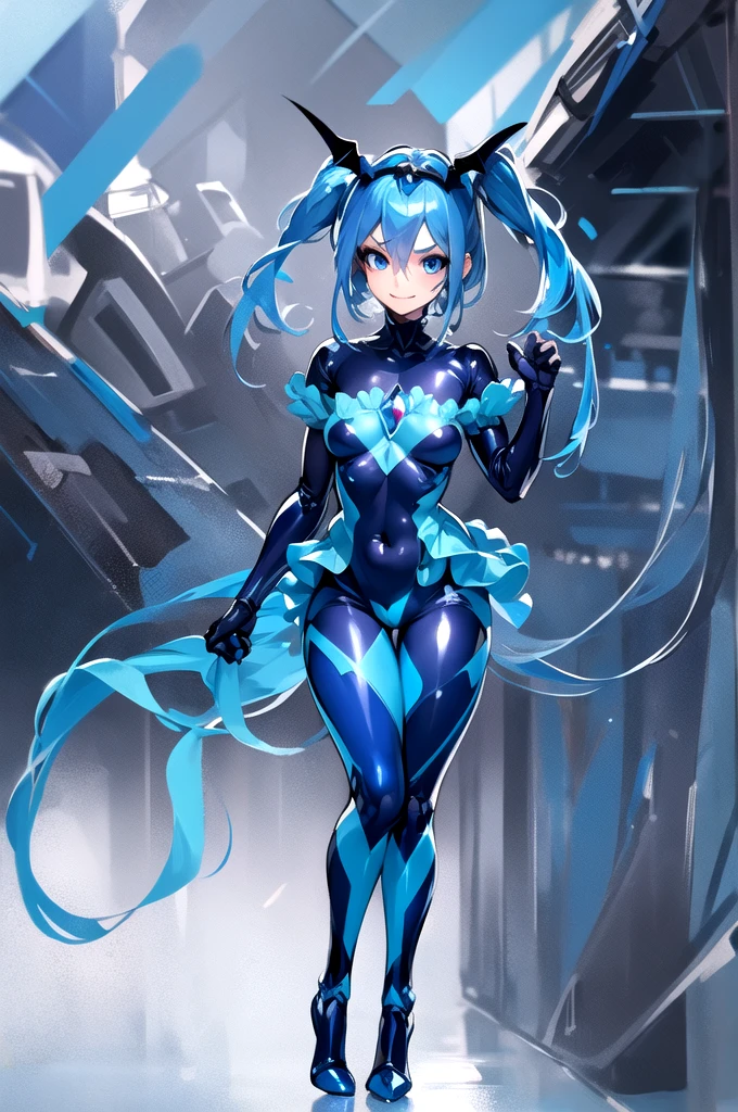 1 girl, bad_end_Pretty Cure, bad_end_beauty, Blue Hair, Blue Eyes, Ruffled Bodysuit, Blue Gemstone，Full body suit，Smile, 