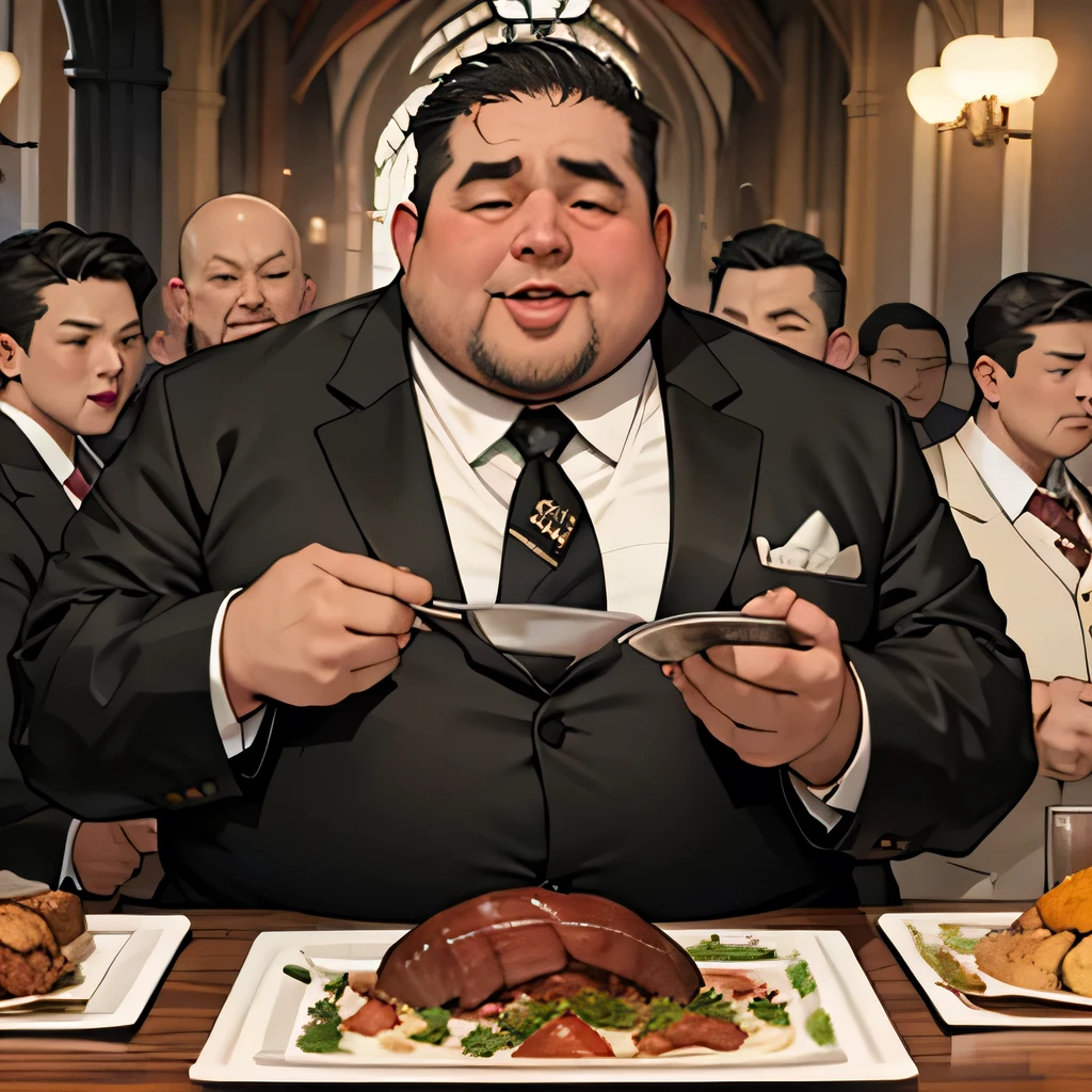 A Banquet for the Lowly Aristocrats、Tuxedo、Ugly fat men。Bald、Eating meat with orgasm face、Eat a big chunk of meat。Very fat and ugly men、Mean and fat.、Greedy。Church Dinner Background