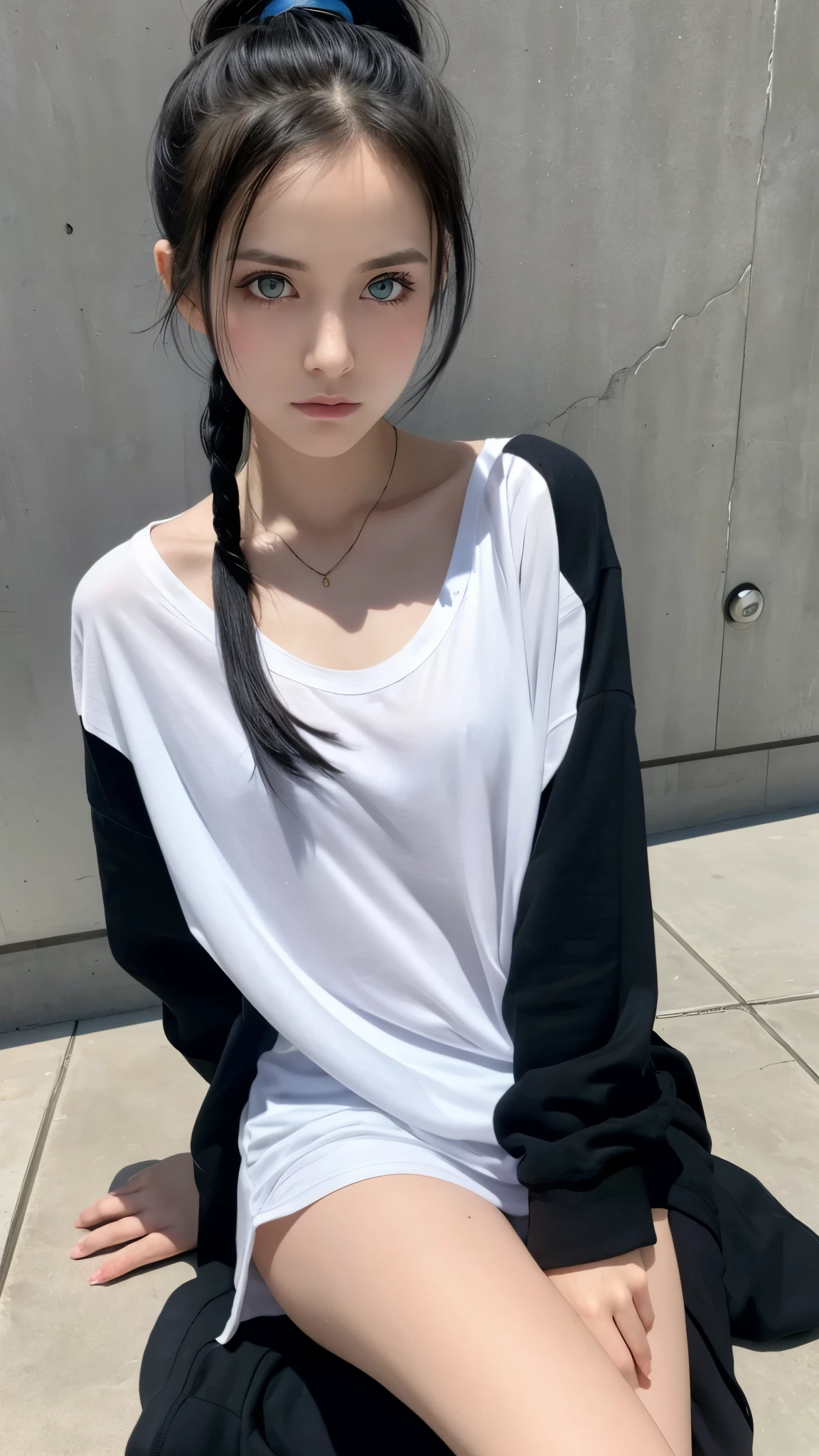 (8k:1.27), best quality, masterpiece, ultra highres:1.2), lesbian delinquent girl with medium length hair and arm tattoos, tattooed girl, full body picture, dirty old white oversized knotted prisoner t-shirt, dirty big t-shirt with prisoner number written in t-shirt, short big sleeves, orange prisoner pants tied with a rope, wearing dirty old goth clothes, shoulder length black bob hairstyle, black hair pulled back snooki style, kneeling in a prison cell next to a noose, handcuffed, hands tied with rope behind body, submissive neck choker and checkered keffiyeh scarf in neck, 4k or 8k picture, looking at the floor down very sad, very sad face, paisley bandana pirate style headscarf, smelly, barefoot, rope noose hanging from ceiling, tattooed body, noose rope hanging