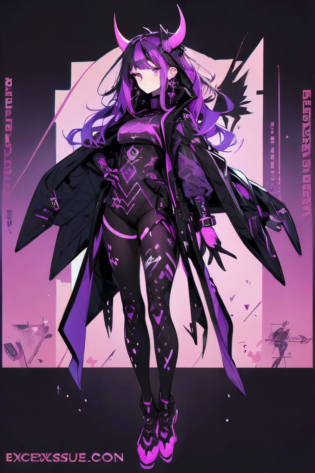 1 girl,(exquisite, beautiful, very detailed, masterpiece, high quality,High resolution), purple hair stroke ,full body, demon girl,black horns with puple details, Techwear outfits, lots of hairpins in the hair, highly details neon hair, character desing, Reference roles from different angles