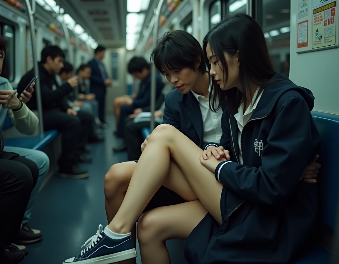 "(Masterpiece, High Definition, Ultra High Definition, 4K) Black hair, 14 years old Japan girl, uniform skirt, emphasizing thighs, white thighs, soft thighs, glossy thighs, sitting on the train, face-to-face angle, (angle from below),sitting in the train seat,Sitting in front,Zoom camera in the crotch,Feet on the train floor,Full body,Looking down and sleepy,Looking at the viewer only", best quality, ultra high definition, (photorealistic:1.4),, high resolution, detail, raw photo, sharp re, Nikon D850 film stock photo by Lee Jefferies 4 kodak portra 400 camera f1.6 lens rich colors hyper realistic lively textures dramatic lighting unreal engine artstation trends cinestir 800,