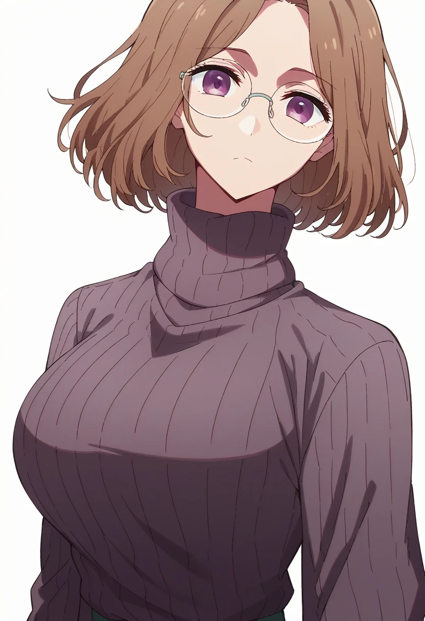 One girl, Alone,White background, KJO Joy, Brown Hair, Purple eyes, Medium Hair, amount,Standing、Expressionless、、White long sleeve high neck ribbed knit、black long maxi skirt、Huge breasts、Long boobs、Frameless Glasses、