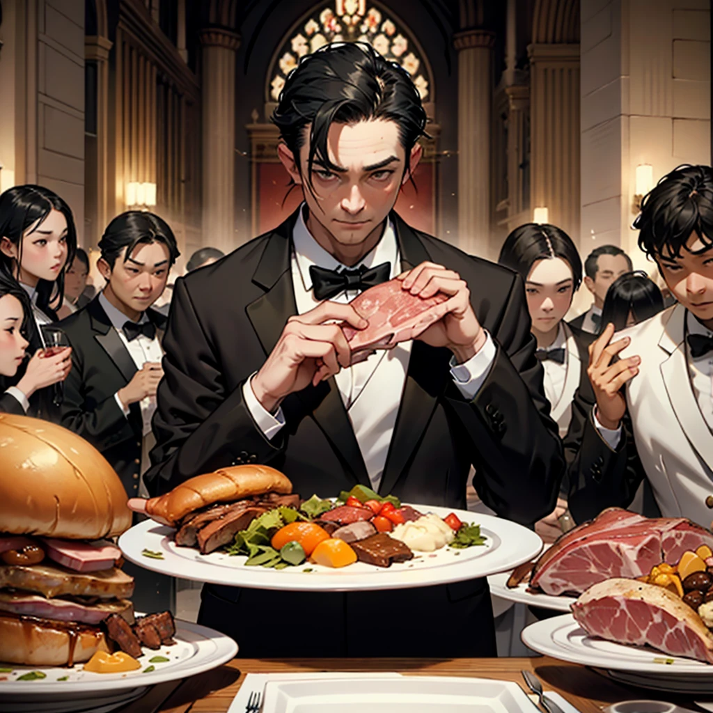 A Banquet for the Lowly Aristocrats、Tuxedo、Thin man。、Eat a big chunk of meat。Afraid face、Mysterious face、Church Dinner Background