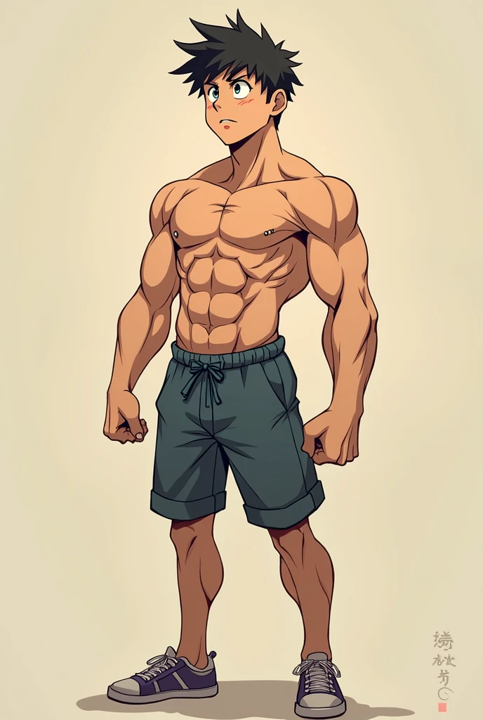 Weak boy fearfully watch how his muscules growing and body become more manly. Anime. 