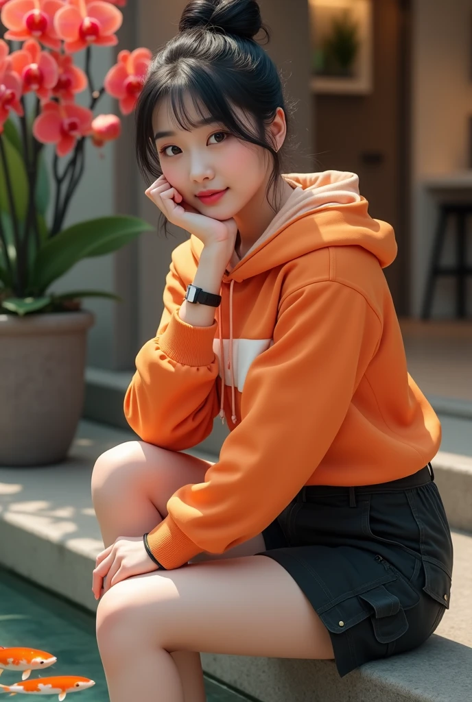 Innocent 16 year old girl、((Street fashion,Wearing a random colored oversized hoodie,very short shorts,dramatic pose)),Orange clothes、orange hair、short trousers of black color、cute face,bright eyes,tear bag,honeycomb smile、shy smile,shortcut、Background where the sun can be seen、bright background、(highest quality:1.0), (realistic:1.0), (8K, RAW photo:1.1), (8k非常にbe familiar withなCGユニットの壁紙), (highest quality), (best illustrations), (best shadow), (be familiar with: 1.4), 3D, HDR (high dynamic range), ray tracing, NVIDIA RTX, super resolution, Scattered beneath the surface, PBR texture, Post-processing, anisotropic filtering, written boundary depth, maximum sharpness and acutance, multilayer texture, Albedo and highlight mapping, surface shading, Accurate simulation of light-matter interactions, perfect proportions, octane rendering, surreal、Photographed with Canon EOS R5、50mm lens、f / 2.8