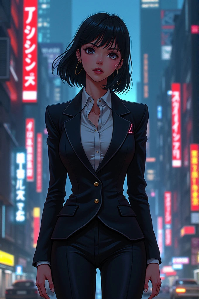 a woman in a suit, looking down at viewer with sharp eyes, she is smoking a cigarette, hands are in the trouser pocket, beautiful, red eye, black hair, wolf hair cut, low angle view