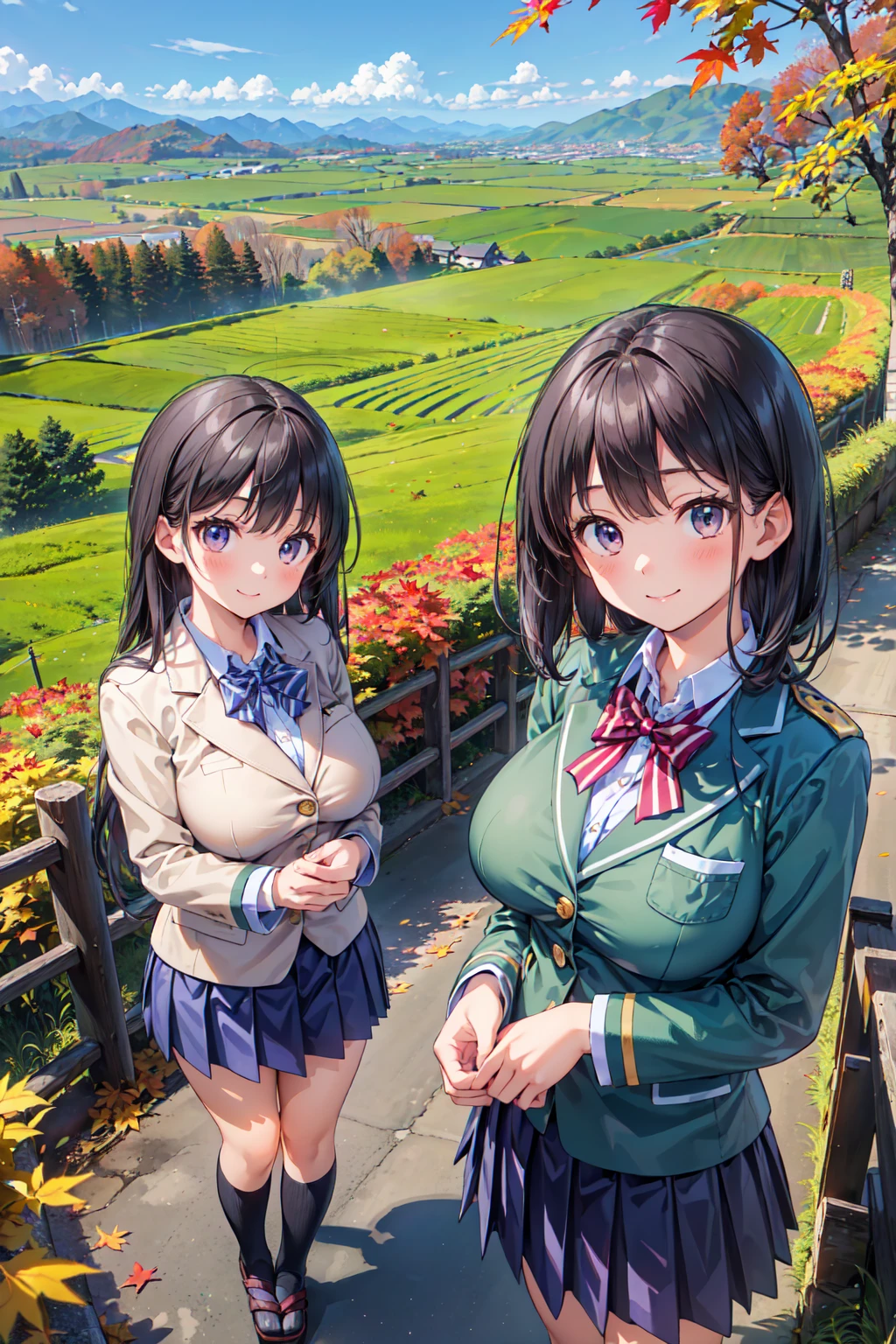 (((Masterpiece, 16k, Highest quality, Ultra-high resolution, Depth of subject))), ((Very detailed, Japanese countryside scenery, autumn leaves)), (((High school girl in blazer uniform, friend, 3 people, skirt, Big Breasts))), While chatting, Very cute smile, On the way home, 3pm, Peaceful scenery, Warm sunshine, Very accurate perspective, Super Wide View