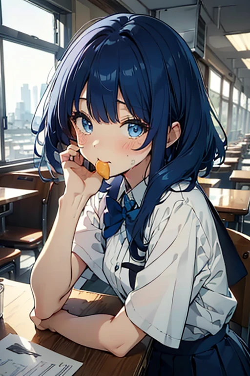 (((beautiful detailed)))(cute face:1.2)1girl, A girl stuffing her face with french fries, Girl crying while eating a pile of french fries, Inside a 2000s-style diner, 1950s-style interior, light Navy blue hair, blue eyes, A short-sleeved white shirt with four vertical bow ties, Ahoge, long bob cut with fluffy hair(sharp lines:1.2)(clear line:1.2)(eye details:1.3)(thick border:1.4) animation cel style,ligne claire, limited palette((masterpiece, high quality, best quality))(low contrast: 0.5),Anna yanami, blue hair, blue eyes, school uniform, makeine, too many losing heroines,Watercolor style, watercolor pencil, paper texture,90s style,Anna yanami, blue hair, blue eyes, school uniform, makeine, too many losing heroines,
