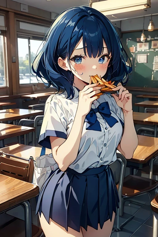 (((beautiful detailed)))(cute face:1.2)1girl, A girl stuffing her face with french fries, Girl crying while eating a pile of french fries, Inside a 2000s-style diner, 1950s-style interior, light Navy blue hair, blue eyes, A short-sleeved white shirt with four vertical bow ties, Ahoge, long bob cut with fluffy hair(sharp lines:1.2)(clear line:1.2)(eye details:1.3)(thick border:1.4) animation cel style,ligne claire, limited palette((masterpiece, high quality, best quality))(low contrast: 0.5),Anna yanami, blue hair, blue eyes, school uniform, makeine, too many losing heroines,Watercolor style, watercolor pencil, paper texture,90s style,Anna yanami, blue hair, blue eyes, school uniform, makeine, too many losing heroines,
