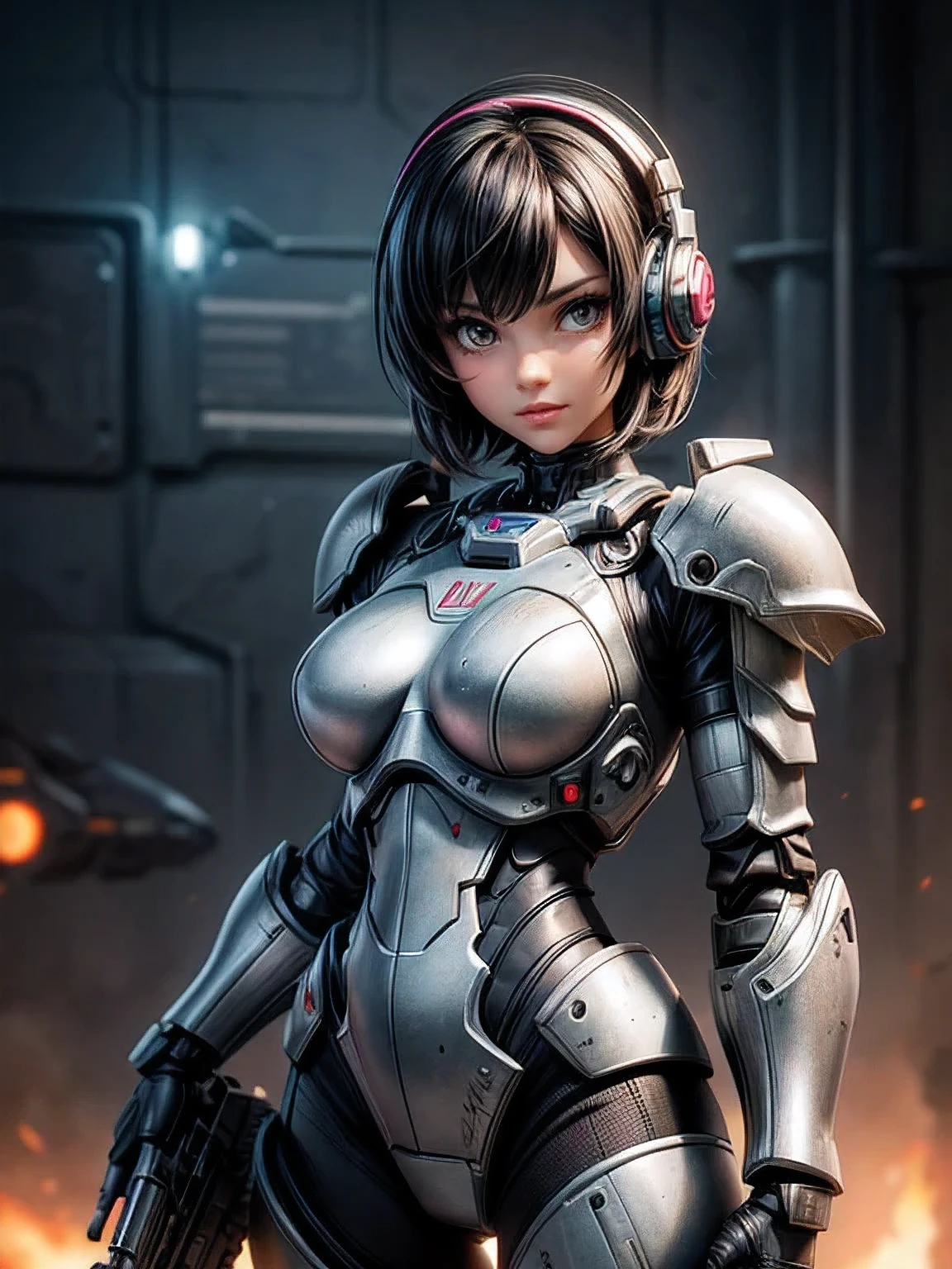 ((Full body):1.5), (({1/20 years}):2). Only {1/20 year old woman}:((in futuristic black clothing, with mechanical parts in blue):1.3). Only {1/20 years old}: ((has extremely large breasts):1.5). Only {1/20 years old}:((has light blue eyes, very short purple hair):1.3), is looking at the viewer with ((face of despair and veins appearing on his forehead):1.3), ((posing with a futuristic rifle):1.5). In a lab ((full of malevolent robots made of pure metal and men shooting at the robots): 2), all the robots are chasing after only {1/20 year old}) who is standing. anime, anime style, 16k, high resolution, ((best quality, high details: 1.5)), UHD, ((masterpiece)), cartoon, real, Fantexi