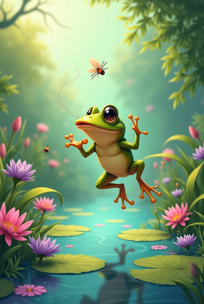 frog catching and eating insects like mosquitoes, the scene set in a garden or near a pond, demonstrating its usefulness."