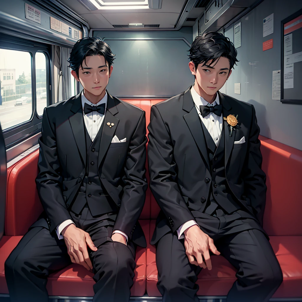 Inside the luxury shuttle bus、Tuxedo、。Fun face、Mysterious face、Background inside the shuttle bus