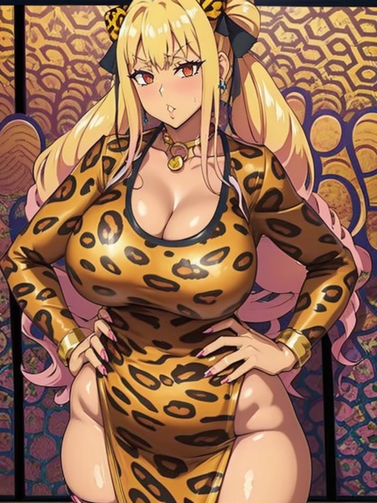 Shatte judesvain,Super robot taisen,Red eyes,Big breast,((Cleavage)),((Solo)),((1girl)),Blonde hair,(((Leopard print dress))),Long sleeve,Collar,Short skirt,Gyaru,((twin tail hairstyle)),Thick lips,Enchanted breast,Hoopa bracelet,Necklace,hoopa earring,((tanned skin)),Curvy figure,Plump,Thick tight,Long nail,Wedding ring,Half eyes open,((Spouty lips)),((Symetrical bang hair)),((Colorless lip)),(((hime bang))),1hand in hip,Light blush,relaxed expression,Relaxed eyebrow,shatte black Ribbon,Solo,1girl,((Thick lips)),Bored expression,((hime bang hair)),Milf,Mature,tanned brown skin,Inner brow raiser,Swaying hips,Thin eyebrow