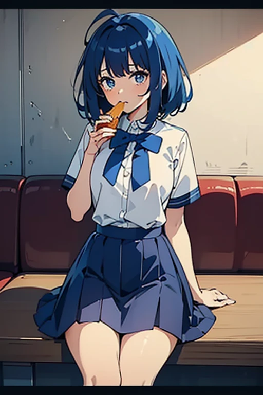 (((beautiful detailed)))(cute face:1.2)1girl, A girl stuffing her face with french fries, Girl crying while eating a pile of french fries, Inside a 2000s-style diner, 1950s-style interior, light Navy blue hair, blue eyes, A short-sleeved white shirt with four vertical bow ties, Ahoge, long bob cut with fluffy hair(sharp lines:1.2)(clear line:1.2)(eye details:1.3)(thick border:1.4) animation cel style,ligne claire, limited palette((masterpiece, high quality, best quality))(low contrast: 0.5),Anna yanami, blue hair, blue eyes, school uniform, makeine, too many losing heroines,Watercolor style, watercolor pencil, paper texture,90s style,Anna yanami, blue hair, blue eyes, school uniform, makeine, too many losing heroines,
