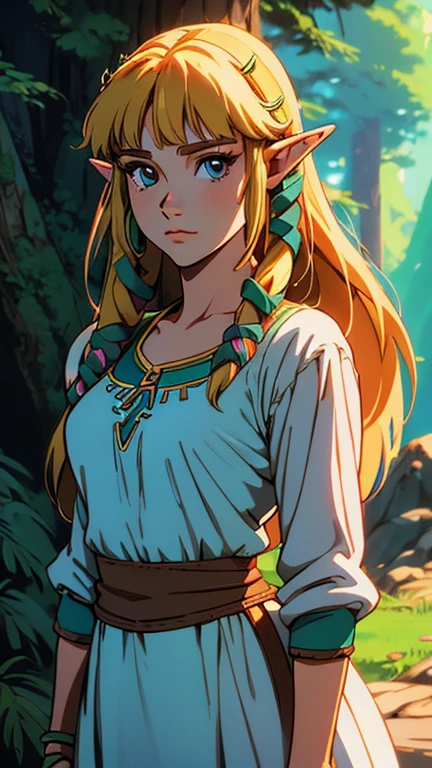 (Teens:1girl: princess zelda), (extremely detailed CG unit 8k wallpaper),(master part), (best quality), (ultra detail), (best illustration),(GHIBLI_Background), cowboy shot, (Sharp eyeliner, ombre, detailed eyes:1), forest, outdoor, ,break , (80'sFusion:0.6), upper body, sksw, white dress, hair tubes, hair ribbon,