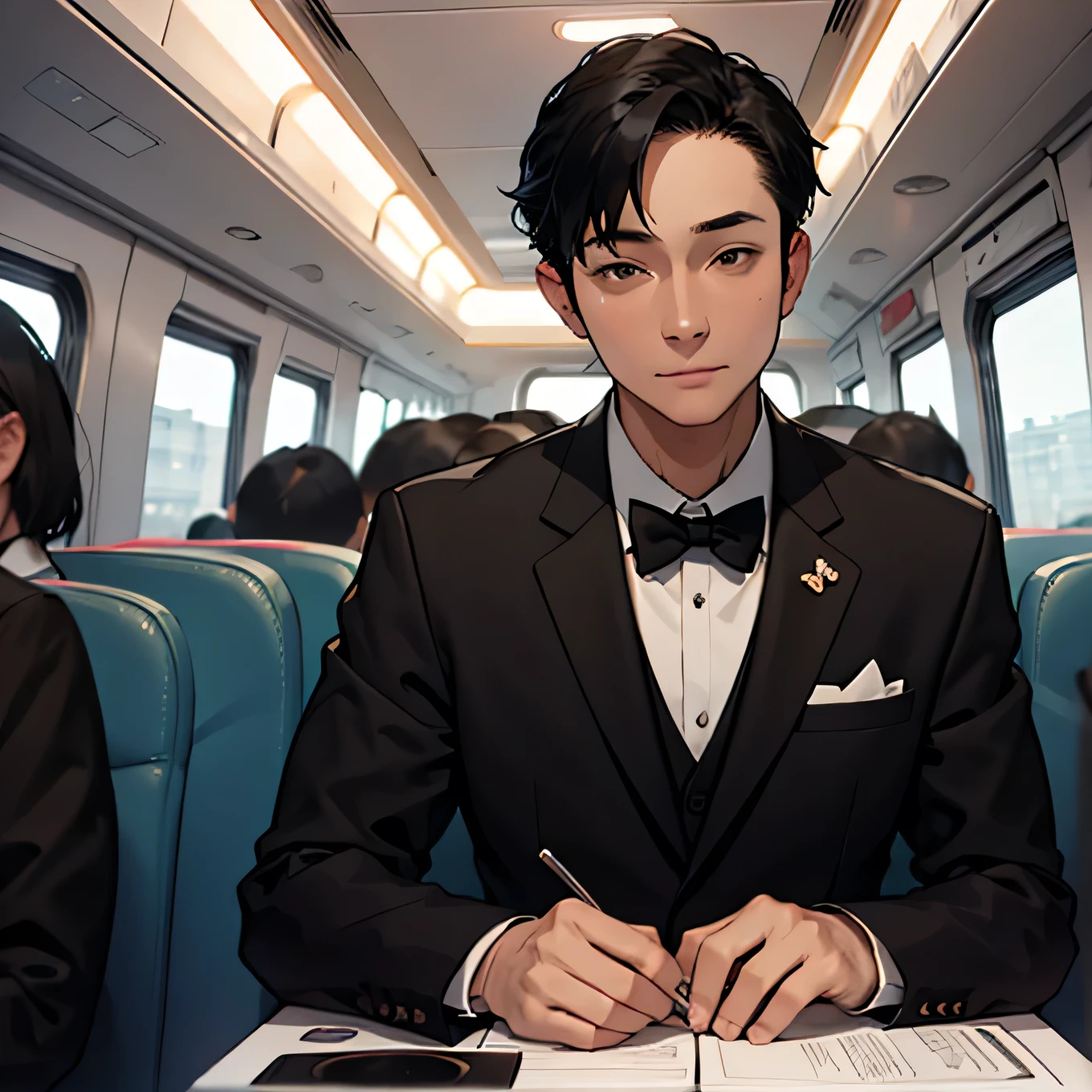 Inside the luxury shuttle bus、Tuxedo、。Fun face、Mysterious face、Background inside the shuttle bus