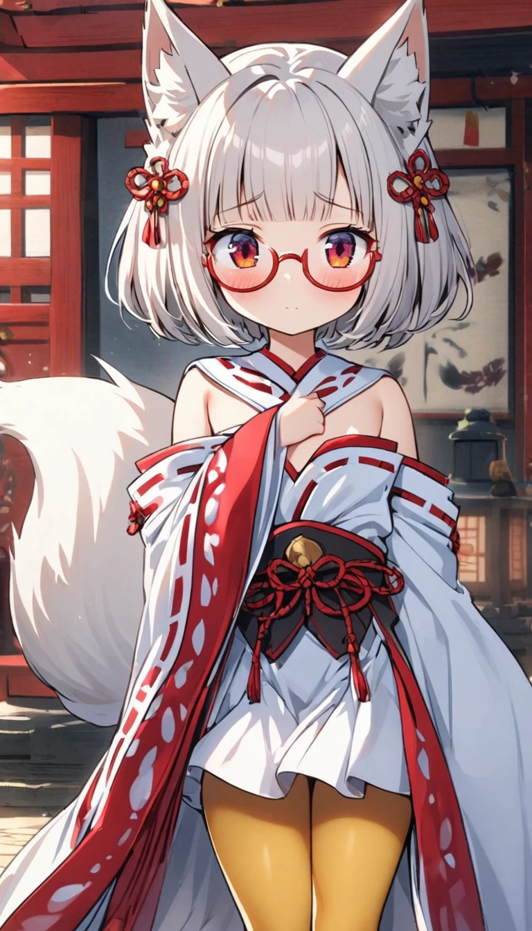 White fox girl,Quiet personality,One Girl,thin body type,Flat Chest,Vermilion and madder colored odd eyes,Red-rimmed glasses,Droopy eyes,Shy,happiness,Short Hair,Bobcut,Red Mesh,fox ears,Shrine maiden costume,Short black skirt,Fox Tail,1 bottle,Deep golden yellow tights,Date with a big man