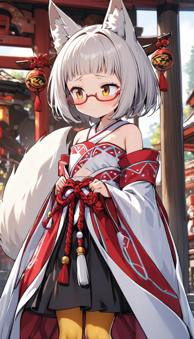 White fox girl,Quiet personality,One Girl,thin body type,Flat Chest,Vermilion and madder colored odd eyes,Red-rimmed glasses,Droopy eyes,Shy,happiness,Short Hair,Bobcut,Red Mesh,fox ears,Shrine maiden costume,Short black skirt,Fox Tail,1 bottle,Deep golden yellow tights,Date with a big man