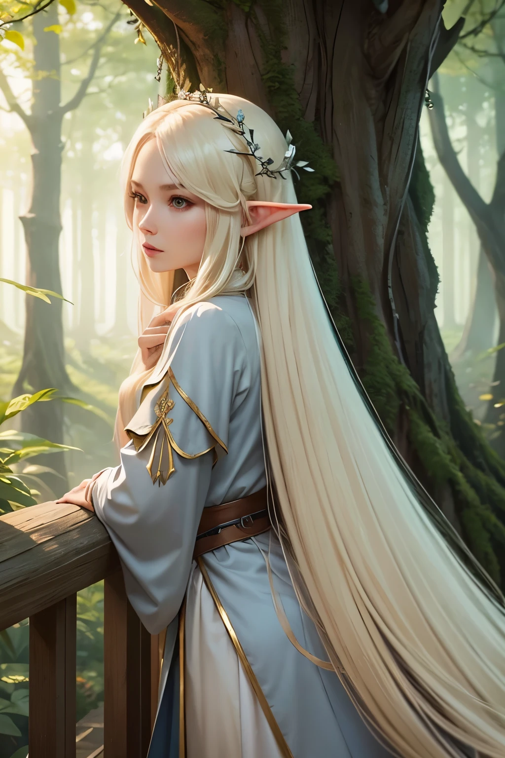 upper body close-up, druid female elf, multiple stitched layer cloth armor, white silk cloak, intricate floral pattern, long dark blonde hair, waterfall braid hairstyle, detailed face and eyes, young woman, forest lake with ruins background, volumetric light, god rays, long elf ears, green and white silk outfit, wooden accessories