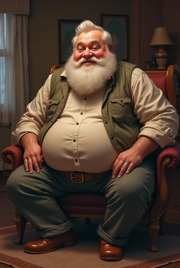  a grumpy old gnome, (handsome mature man plump chubby morbid extremely thick thighs bulging belly fat), older man, gray hair, white man, bulge, detailed glade on clothing, (fat and corpulent: 1.3), full beard very long, looking at the viewer, handsome man, detailed eyes, symmetrical face, mischievous smile, robust,, his body is lying sideways on the floor, front view.