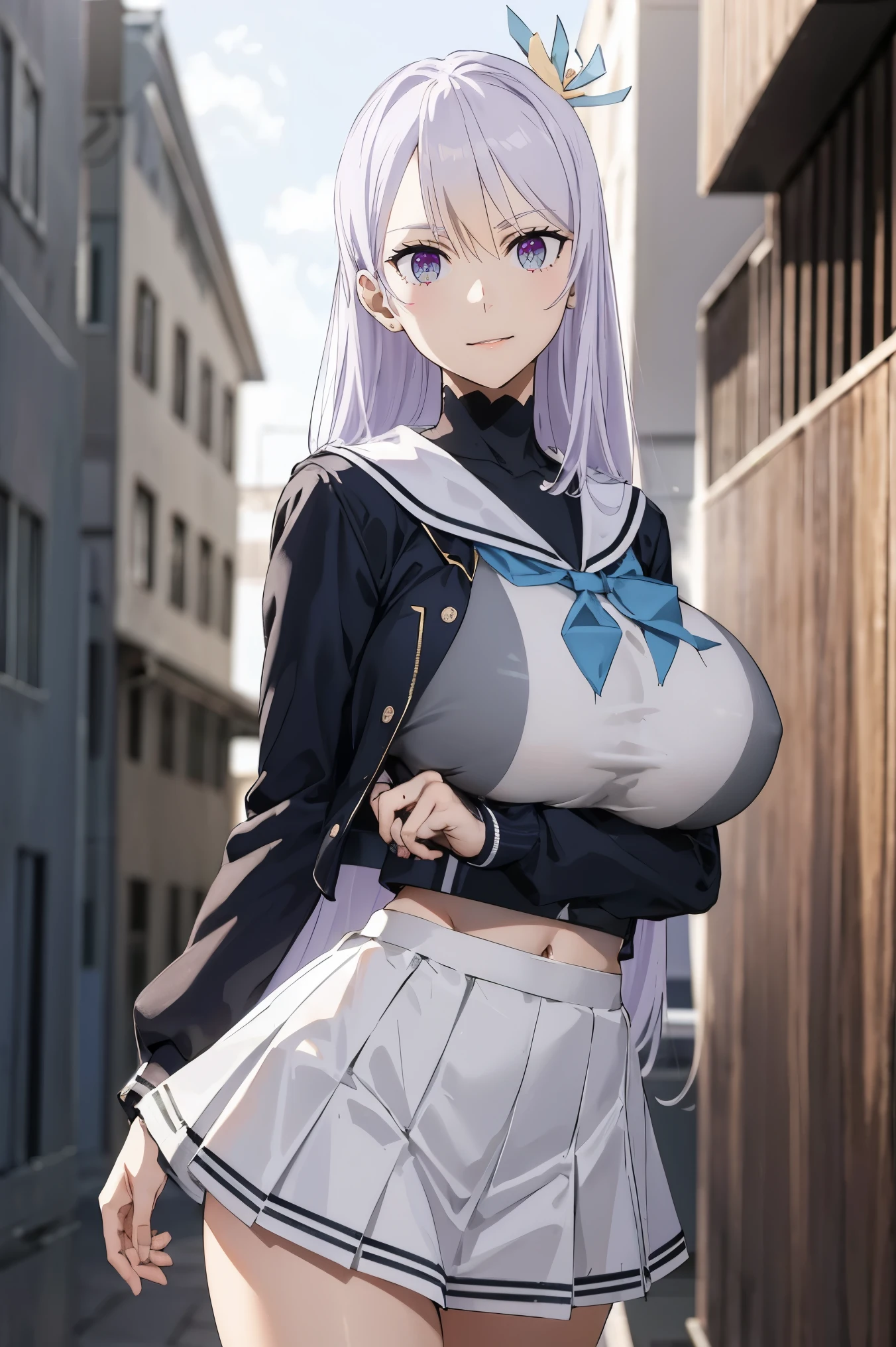 masterpiece, ((huge tits)), ((white sailor uniform))), (nectie)), (((scool uniform))), ((jacket)), ((short skirt))), nectie, (best quality), at classroom,(solo), 1girl, reona, silver hair, purple hair , (short skirt), long hair, purple eyes, sexy woman, hair between eyes, hair ornament, vibrant colors , natural lighting, RTX, , (detailed face:1.2), (perfect eyes:1.1) ,(photorealistic:1.1), 8k uhd, looking a viewer,  simple backround, smile, (upper body), standing pose, ((open legs), 