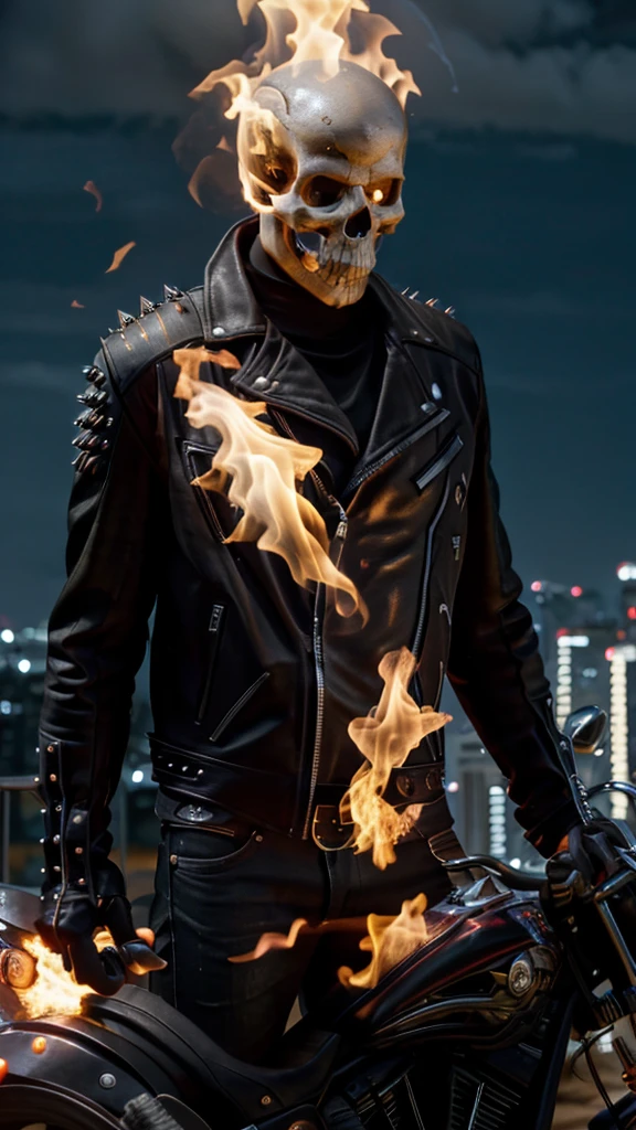 masterpiece,8k resolution,ultra detailed,high definition art,one male,with a city nightscape,moonlight,Bright Moon,Head is a skull,Flames covering the skull head:20.0,Head is burning:9.0,Bright red flame,Black biker jacket,Black Leather Pants,Spiked shoulder pads,Black biker gloves,Holding a hot chain in his hand