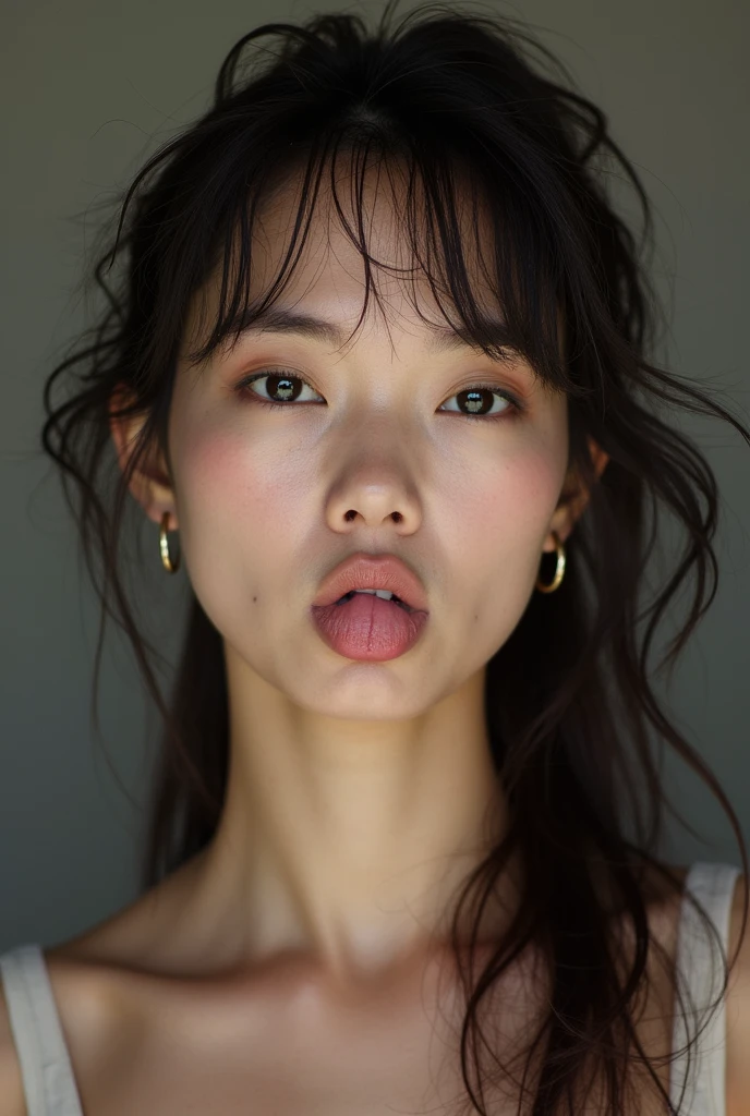 (Big: 1.5), (Plus Size Model: 1.5), 18 years old, (Masterpiece), (Best Quality: 1.3), (Ultra Detail: 1.2), ((Absurdity)), (High Resolution: 1.1), (Highly Detailed CG), (Splashes on the Face: 1.7), (Massive adhesion around the mouth: 1.7), Beautifully detailed background, depth of field, Realistic: 1.3, (Ambient Light: 1.3), (Movie composition: 1.3), ( HDR: 1), accent lighting, from below, brown eyes, black hair, ponytail, tears, (embarrassing: 1), girl, erotic, revealing lingerie, sweating, tongue sticking, large amount of drooling saliva, opening mouth, (rolling eyes), ahegao: 1.3), (crying: 1), thighs, thick belly, hollow eyes