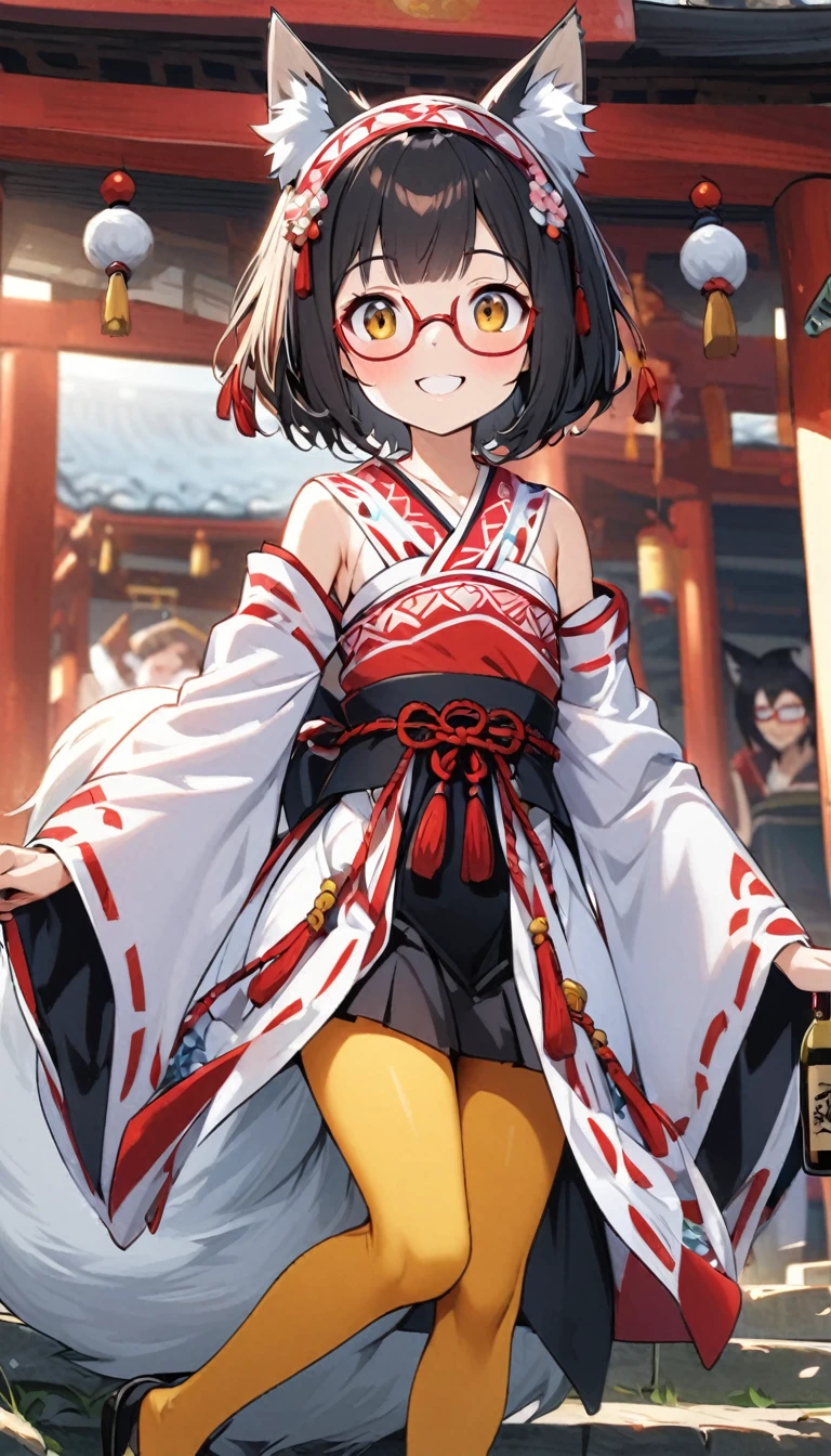 White fox girl,Quiet personality,One Girl,thin body type,Flat Chest,Vermilion and madder colored odd eyes,Red-rimmed glasses,Droopy eyes,smile,Looks happy,Short Hair,Bobcut,Red Mesh,fox ears,Shrine maiden costume,Short black skirt,Fox Tail,1 bottle,Deep golden yellow tights,Date with a big man