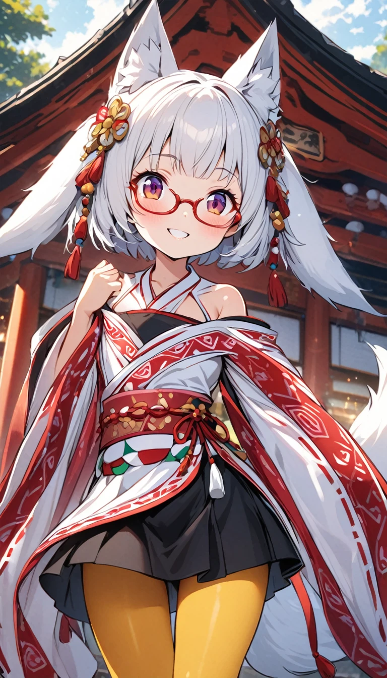 White fox girl,Quiet personality,One Girl,thin body type,Flat Chest,Vermilion and madder colored odd eyes,Red-rimmed glasses,Droopy eyes,smile,Looks happy,Short Hair,Bobcut,Red Mesh,fox ears,Shrine maiden costume,Short black skirt,Fox Tail,1 bottle,Deep golden yellow tights,Date with a big man