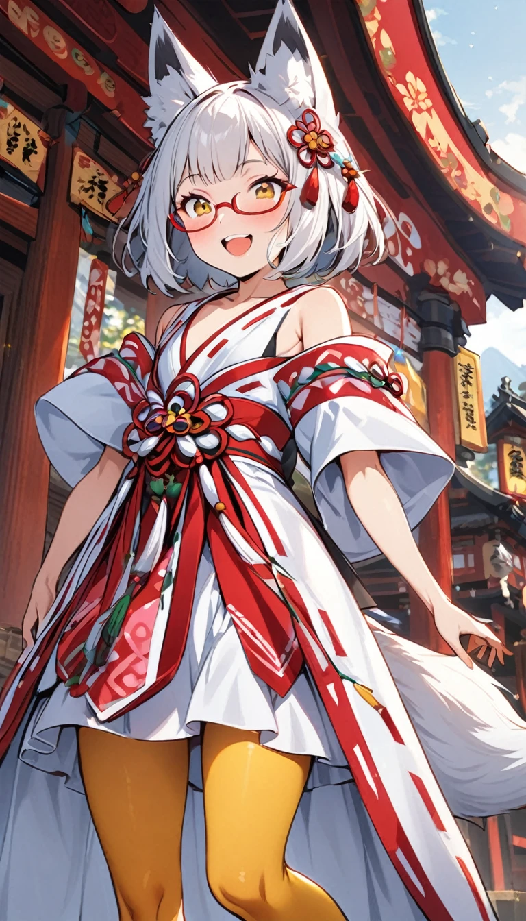 White fox girl,Quiet personality,One Girl,thin body type,Flat Chest,Vermilion and madder colored odd eyes,Red-rimmed glasses,Droopy eyes,smile,Looks happy,Short Hair,Bobcut,Red Mesh,fox ears,Shrine maiden costume,Short black skirt,Fox Tail,1 bottle,Deep golden yellow tights,Date with a big man