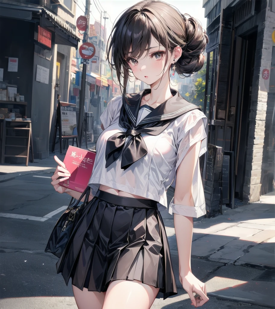 masterpiece, best quality, (1girl), solo, simple background, outdoor, colorful,perfect face, perfect hands, casual,twintails,skirt,white thighhighs,