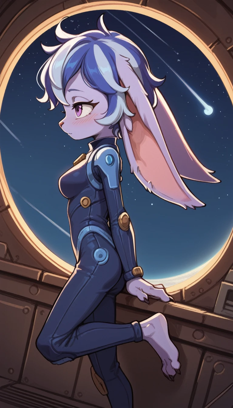 score_9, score_8_up, score_7_up, best quality, masterpiece, Lulu, (absurdly high resolution:1.4), from side, (short, diminutive, smol), yordle, (humanoid, light purple skin, purple eyes, (long ears, horizontal ears), long horizontal yordle ears, claws, feminine), futuristic outfit, barefoot, cute, adorable, slim, thin, (hair, fluffy hair,), large breasts, sleepy expression, blush lines, submissive), solo, spaceship setting, window, night sky, Expressive, young, expressive, outer space, matching clothes, fix arms, Correct number of toes on each foot,