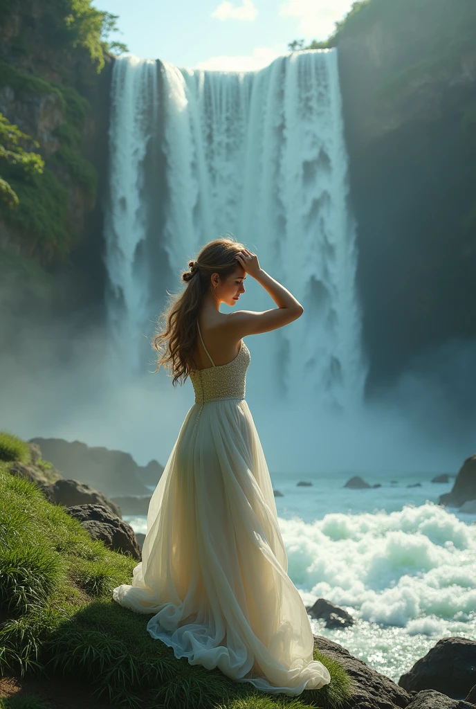beautiful woman sitting on a rock in front of a waterfall, beside the waterfall, standing near the waterfall, di dalam gua with waterfall, waterfall background, with waterfall, with waterfall, gemoy,high fashion photoshoot.perfect fingers, beautiful korean women, plump body, alone under the waterfall, beautiful outdoor photography, natural beauty, elegant pose, standing in front of the waterfall