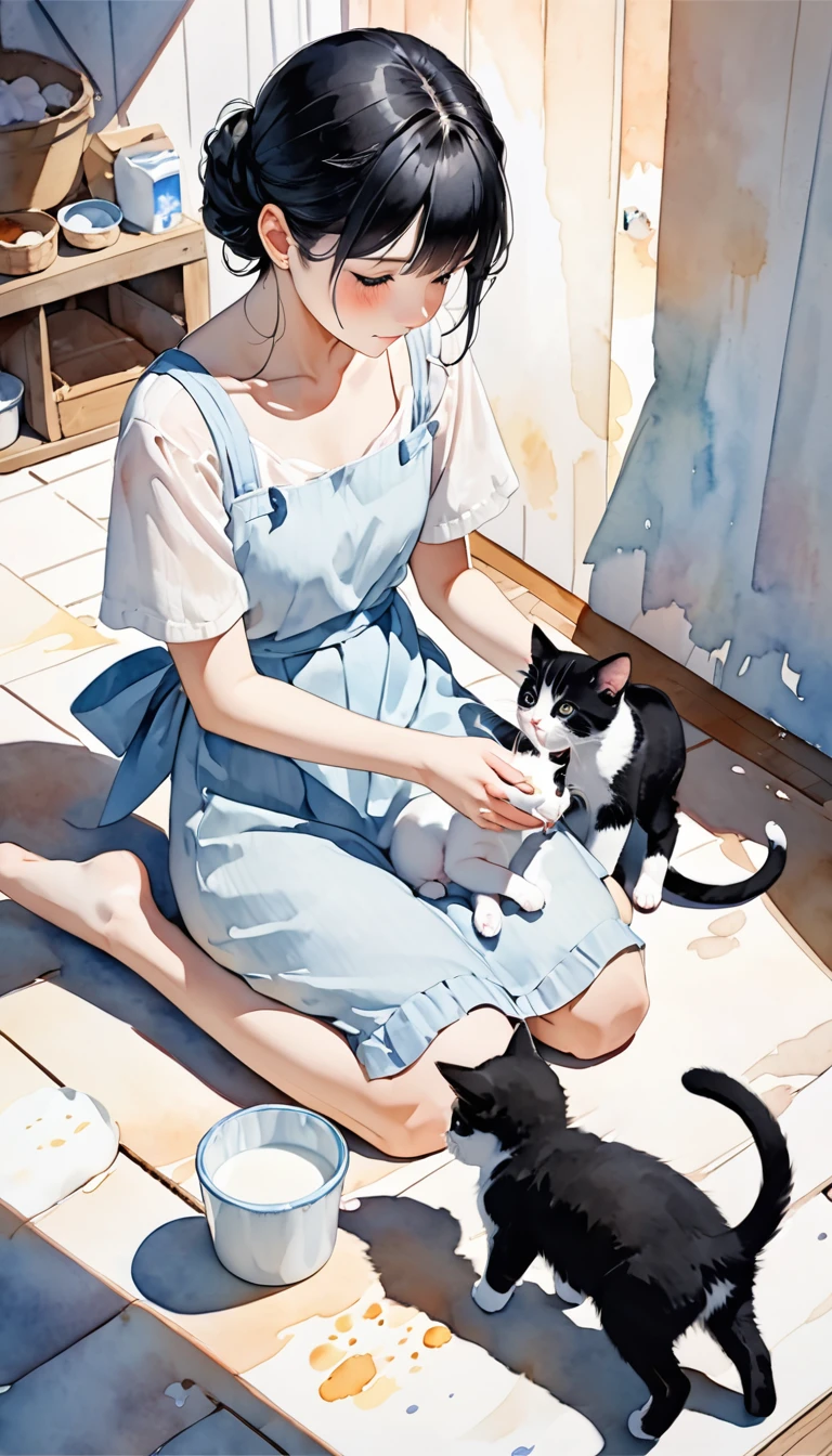 20-year-old,Black Hair Beauty, Cute cat and her kittens, Mother cat feeding her kitten with milk, Watercolor-style, gentle colors,Subtle and dynamic textures, Light and shadow contrast, 2.5D, Super detailed, The absolute solution, Highest quality