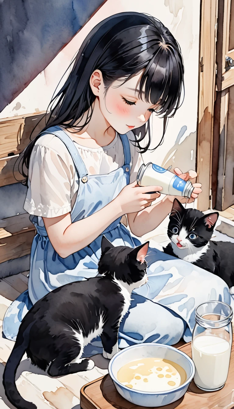 20-year-old,Black Hair Beauty, Cute cat and her kittens, Mother cat feeding her kitten with milk, Watercolor-style, gentle colors,Subtle and dynamic textures, Light and shadow contrast, 2.5D, Super detailed, The absolute solution, Highest quality