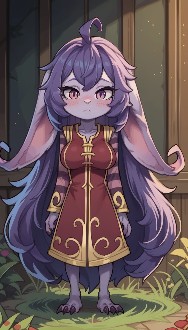 score_9, score_8_up, score_7_up, best quality, masterpiece, (absurdly high resolution:1.4), (short, diminutive, smol), yordle, (humanoid, light purple skin, purple eyes, (long ears, horizontal ears), long horizontal yordle ears, claws, feminine), barefoot, cute, adorable, slim, thin, (hair, fluffy hair,), large breasts, sleepy expression, blush lines, submissive), solo, isekai, journey to the west
