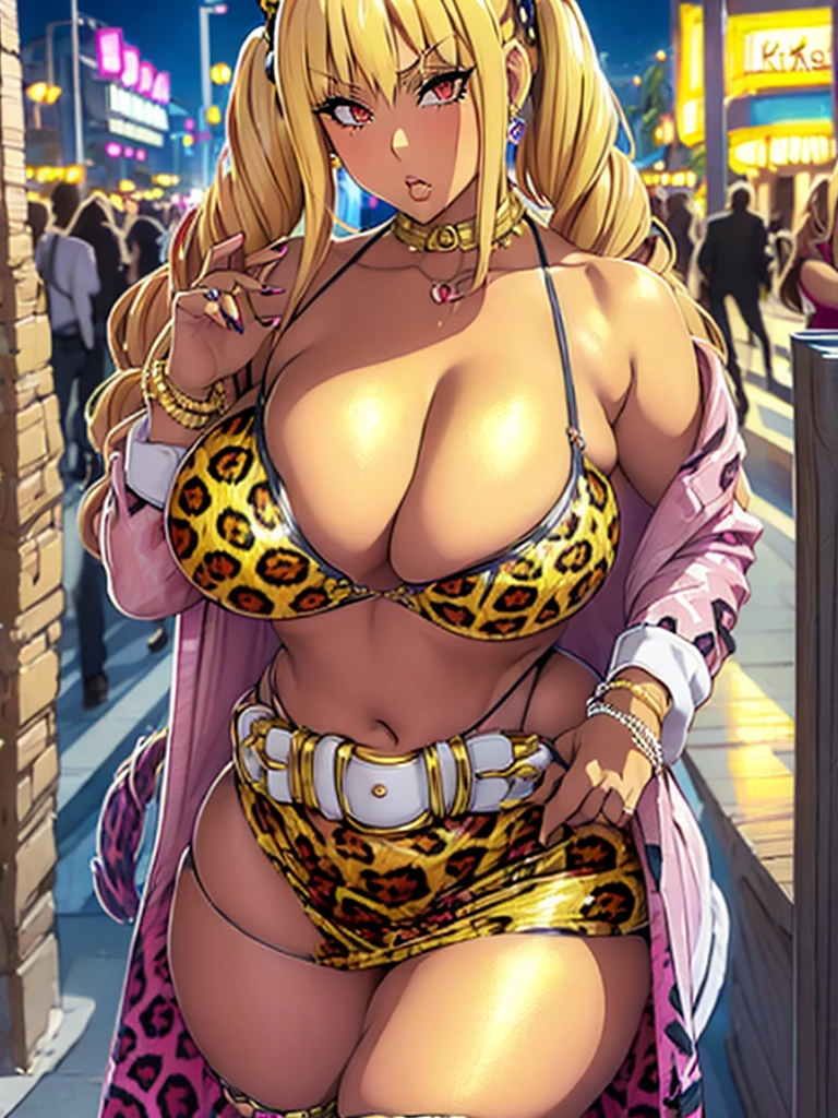 Shatte judesvain,Super robot taisen,Red eyes,Big breast,((Cleavage)),((Solo)),((1girl)),Blonde hair,(((Leopard print formal dress))),Long sleeve,Collar,Short skirt,Gyaru,((twin tail hairstyle)),Thick lips,Enchanted breast,Hoopa bracelet,Necklace,hoopa earring,((tanned skin)),Curvy figure,Plump,Thick tight,Long nail,((Wedding ring)),Half eyes open,((Spouty lips)),((Symetrical bang hair)),((Colorless lip)),(((hime bang))),Light blush,relaxed expression,Relaxed eyebrow,shatte black Ribbon,Solo,1girl,((Thick lips)),Bored expression,((hime bang hair)),Milf,Mature,tanned brown skin,Swaying hips,Thin eyebrow,Crossing arm,Chocker,Blue sky,Skyscraper background