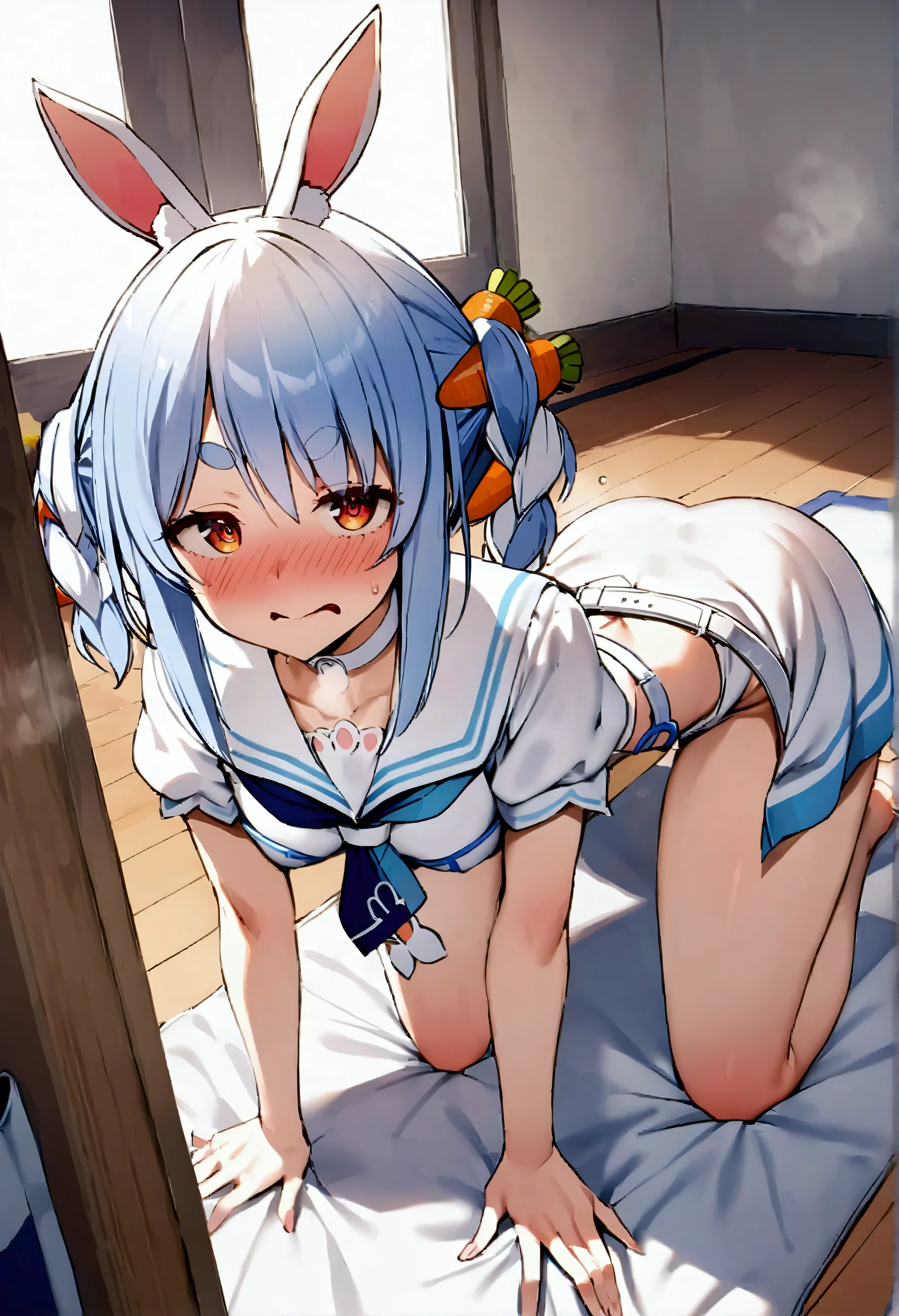 NSFW,masterpiece,Best Quality,High resolution,Very detailed,One girl,Usada Pekora\(Ho****ve\),Orange Eyes、Thick eyebrows、Bunny ears、Blue Hair、Short Hair、Two Side Up、Hair Clip、White choker、Sailor suit、Short dress、Short sleeve、Blue neckerchief、White belt,School,sports warehouse,mat,Small room,I&#39;m nervous,Embarrassed,blush,Lustful face,Heavy breathing,In heat