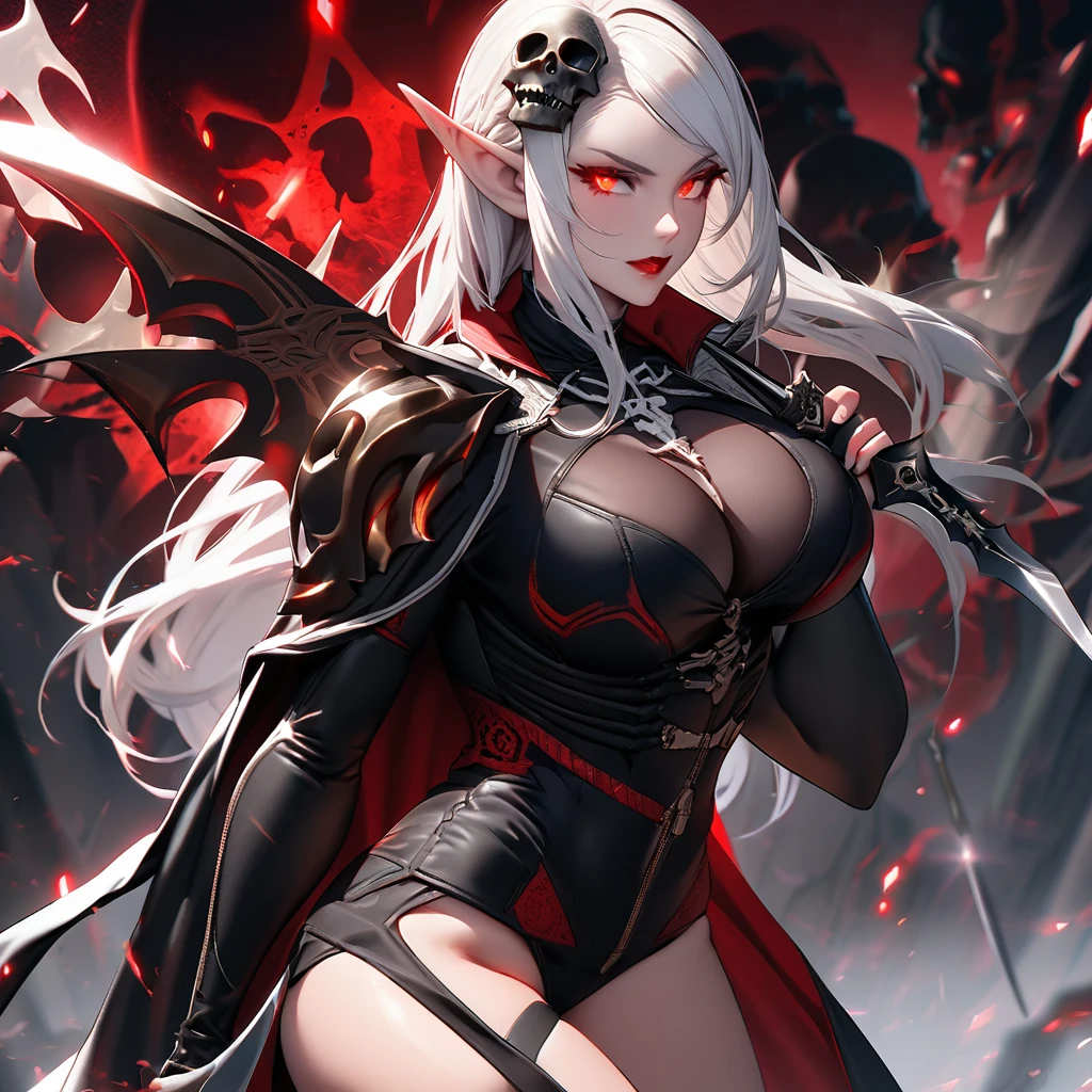 An adult woman half fox and wolf, big breasts, red eyes, white hair, very angry, in a black dress, on her back, standing, holding a sword, and very sexy