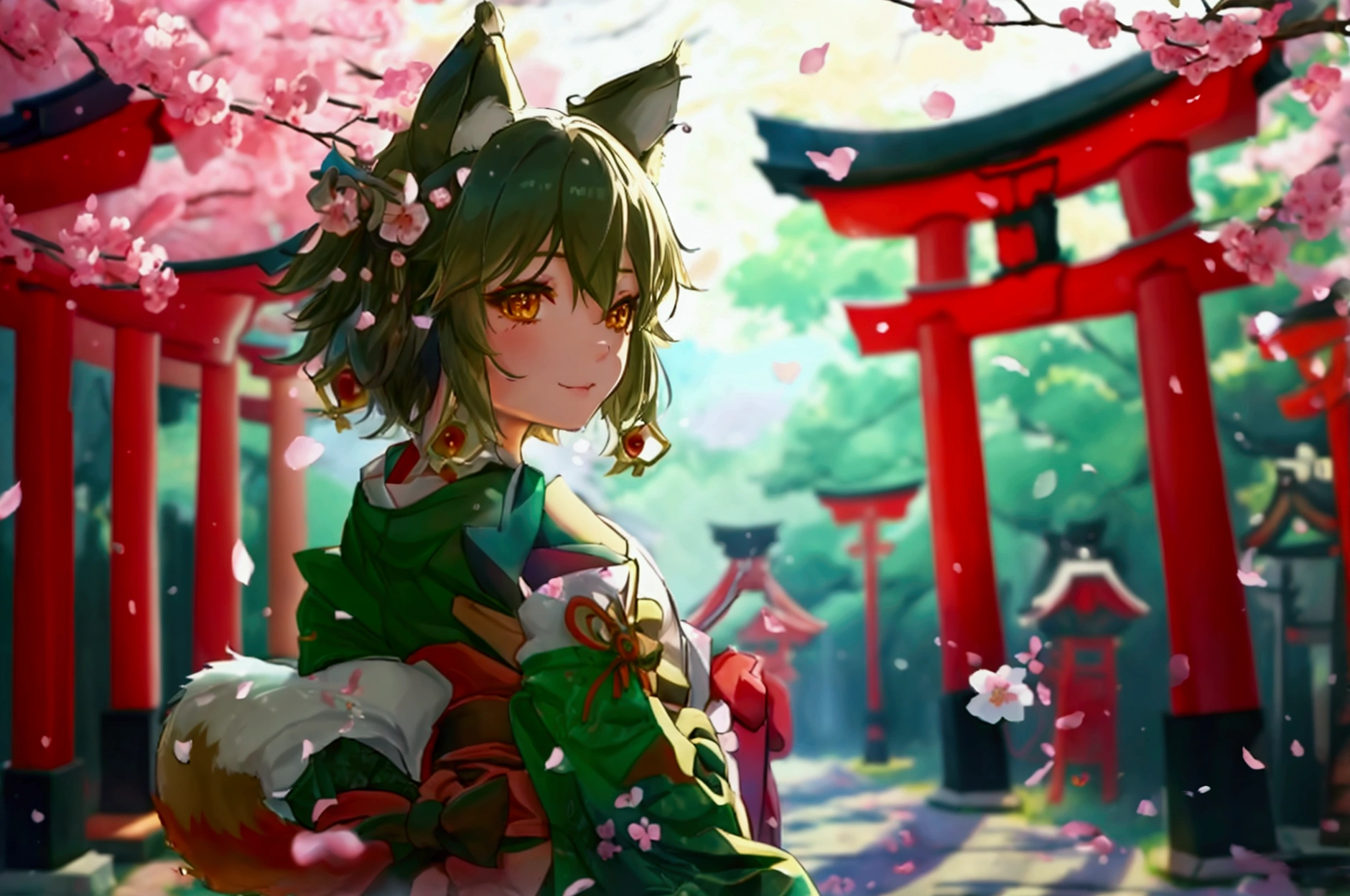 Looking at the audience, cherry blossoms, Fox Girl，Fox Ears, Fox&#39;s Tail, Green kimono, Do not sleeve, stockings, Bare Shoulder , Outdoor, night, torii, shrine