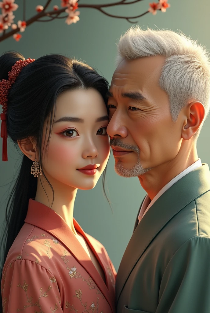 Beautiful 15 year old Chinese Kung Fu girl princess with long black hair Gorgeous embroidery, Ultra glossy, She is wearing shiny red long sleeve floral pajamas.... She is forced to embrace an old man in front of her lover. Intense foreplay Fluid spurting from nipples Old man licks her breasts